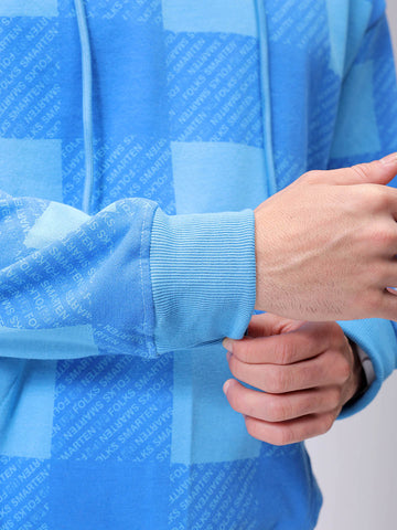 Men's Blue Relaxed Fit Geometric Overhead-Hooded Sweatshirt