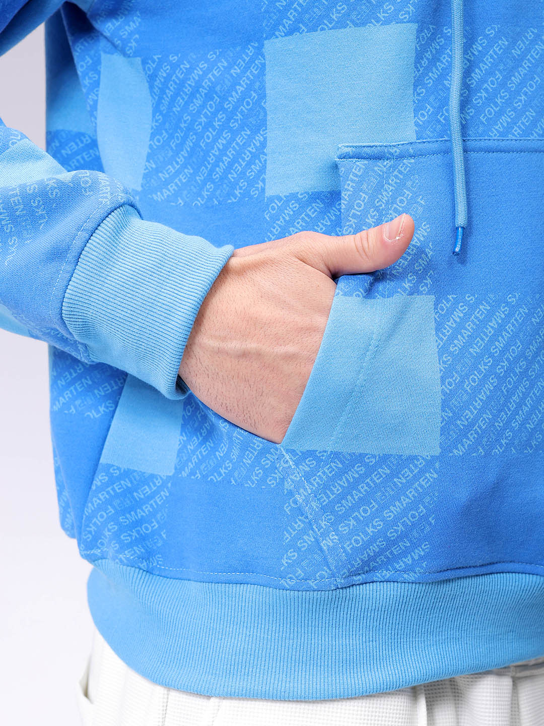 Men's Blue Relax Fit Geometric Overhead-Hooded Sweatshirt