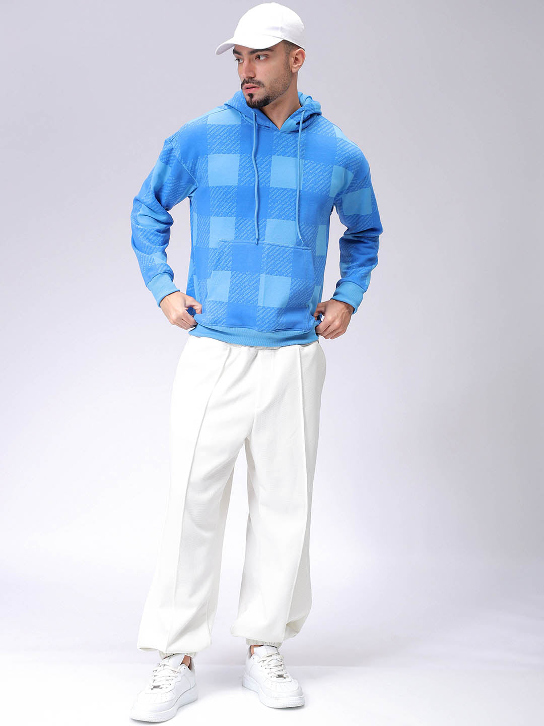 Men's Blue Relax Fit Geometric Overhead-Hooded Sweatshirt