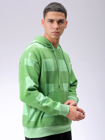 Men's Green Relaxed Fit Geometric Printed Overhead-Hooded Sweatshirt