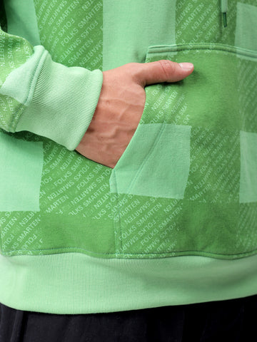 Men's Green Relaxed Fit Geometric Printed Overhead-Hooded Sweatshirt