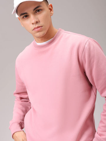 Men's Pink Regular Fit Solid Overhead Crewneck Sweatshirt