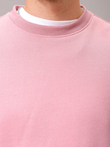 Men's Pink Regular Fit Solid Overhead Crewneck Sweatshirt