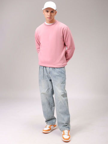 Men's Pink Regular Fit Solid Overhead Crewneck Sweatshirt