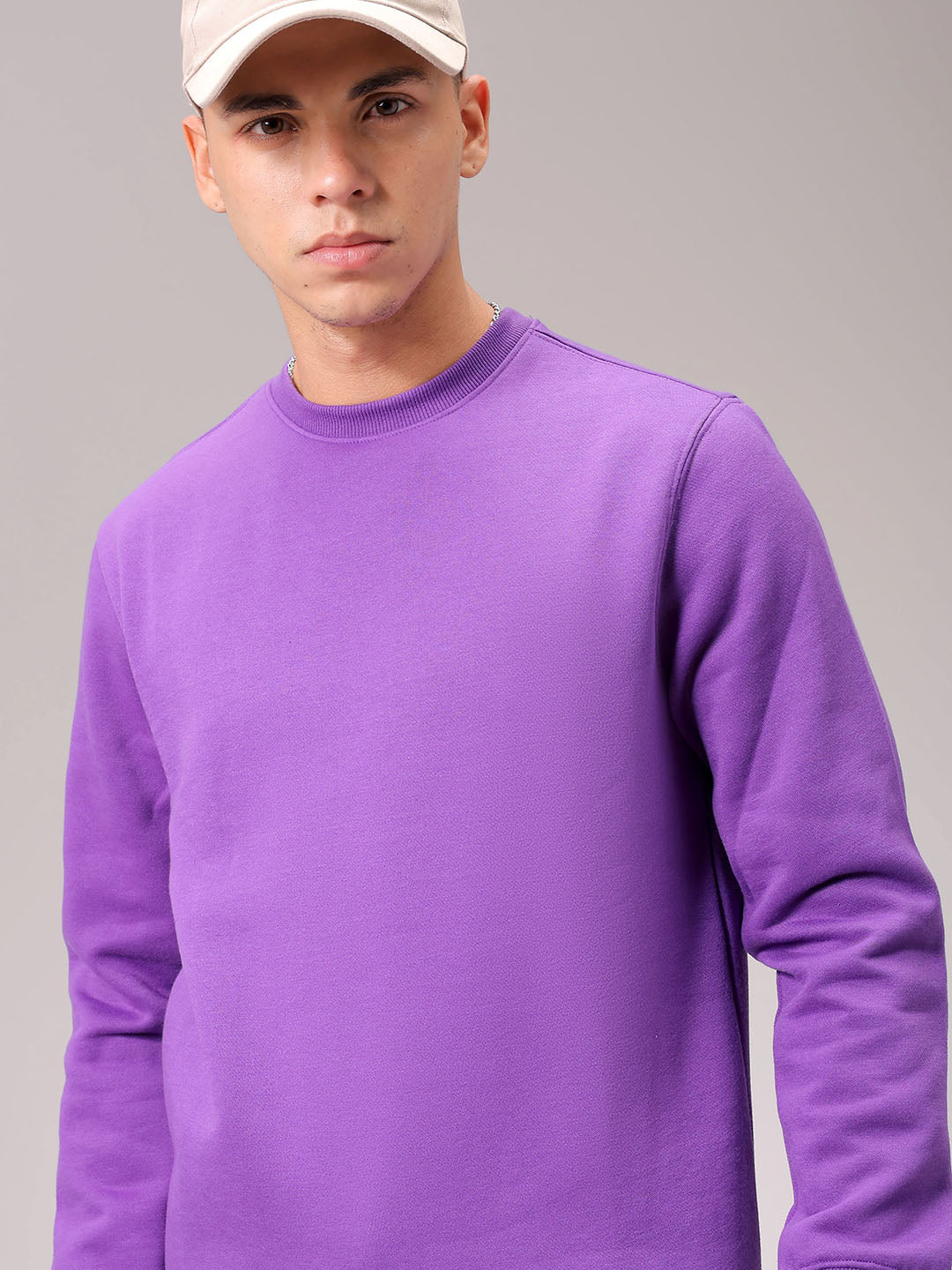 Men's Purple Regular Fit Solid Overhead Crewneck Sweatshirt