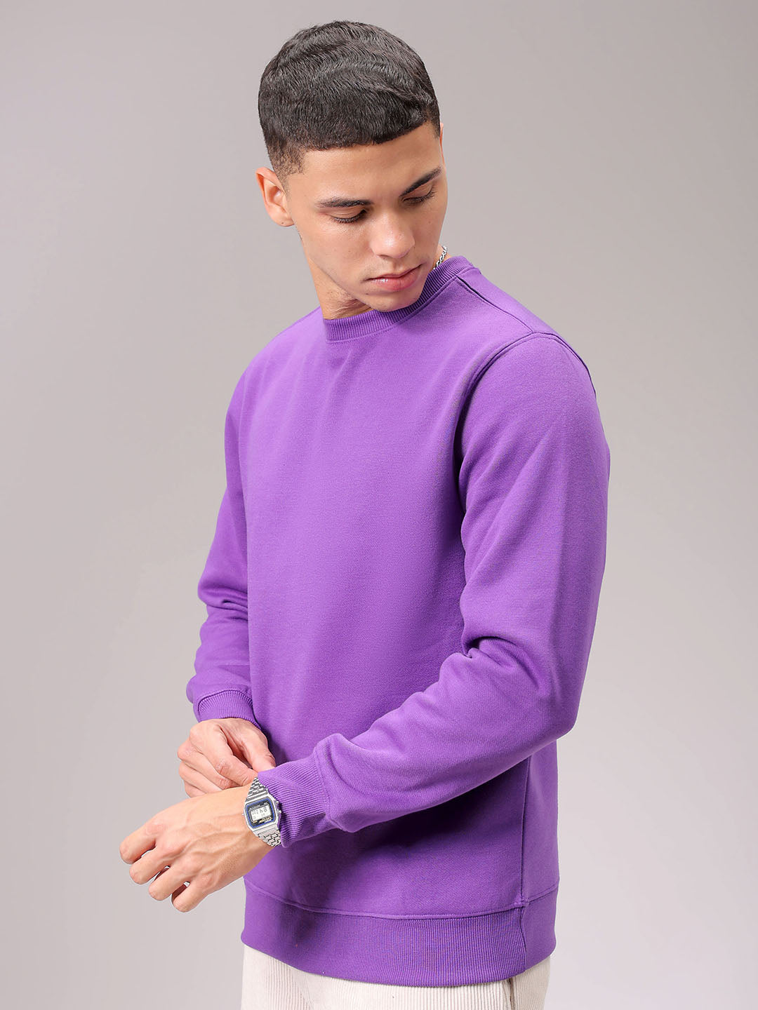 Men's Purple Regular Fit Solid Overhead Crewneck Sweatshirt