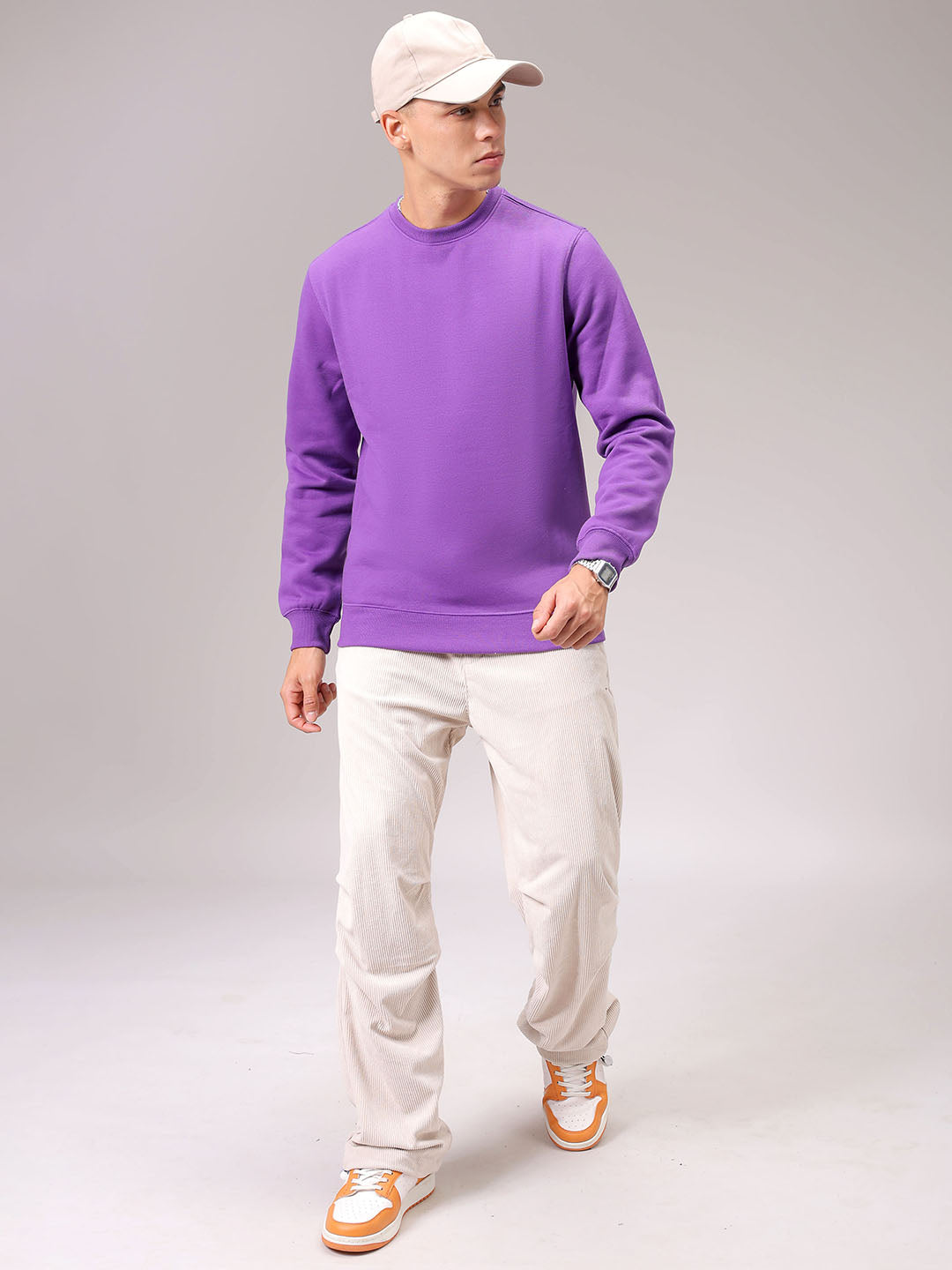 Men's Purple Regular Fit Solid Overhead Crewneck Sweatshirt