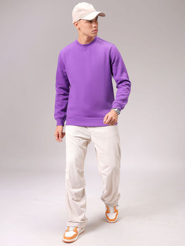 Men's Purple Regular Fit Solid Overhead Crewneck Sweatshirt