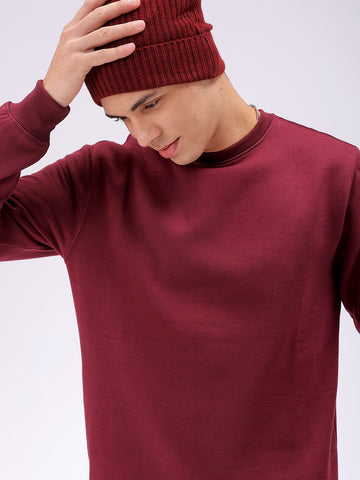 Men's Red Regular Fit Solid Overhead Crewneck Sweatshirt