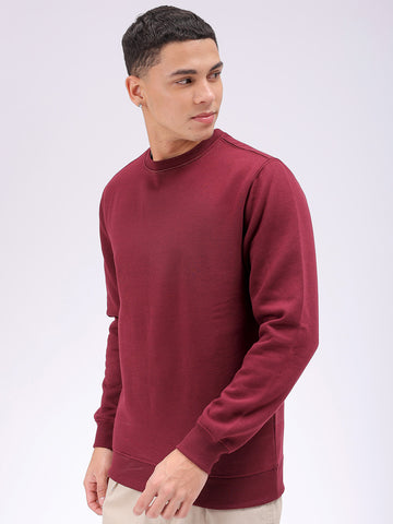 Men's Red Regular Fit Solid Overhead Crewneck Sweatshirt