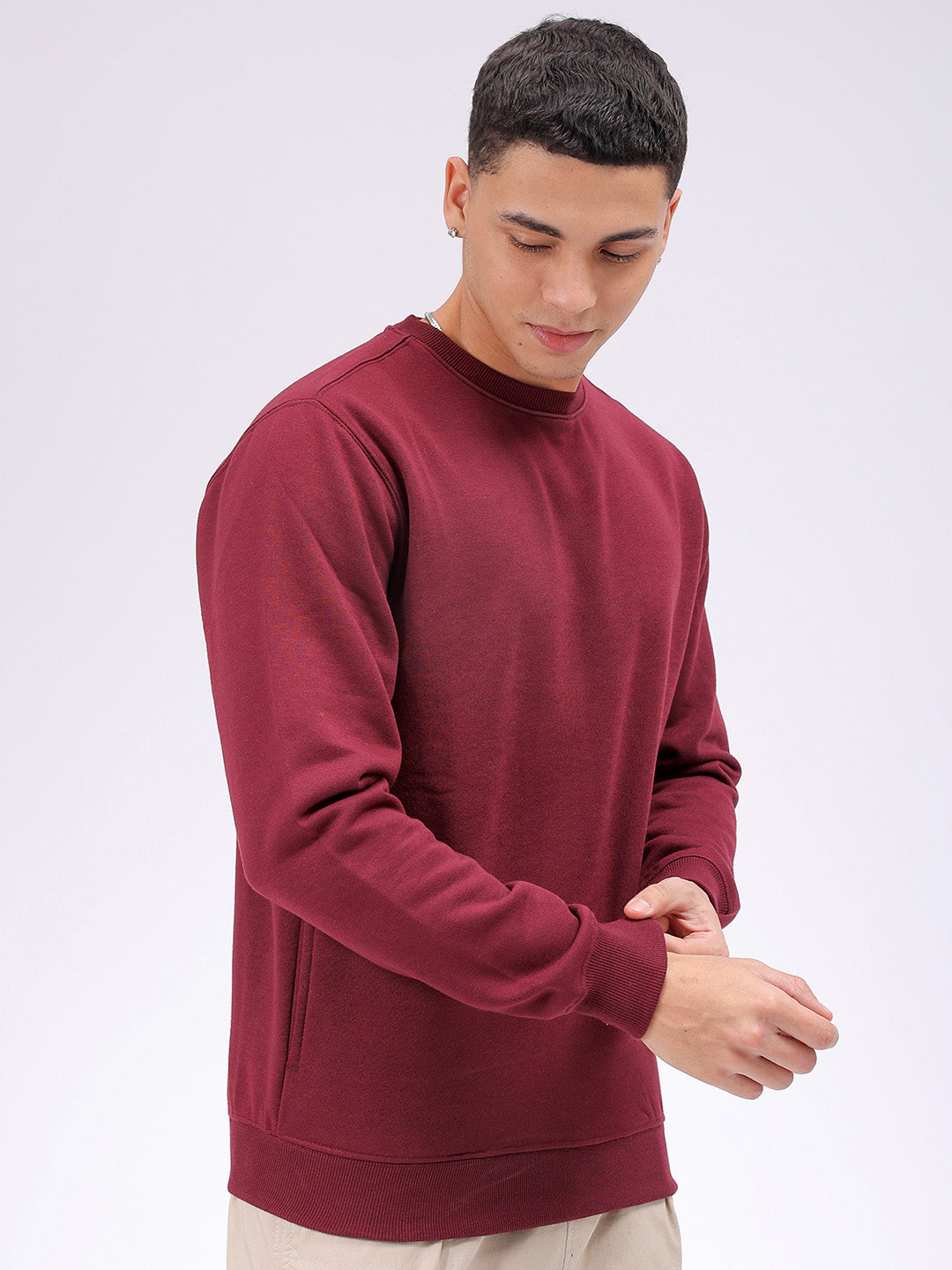 Men's Cranberry Regular Fit Solid Casual Sweat Shirt
