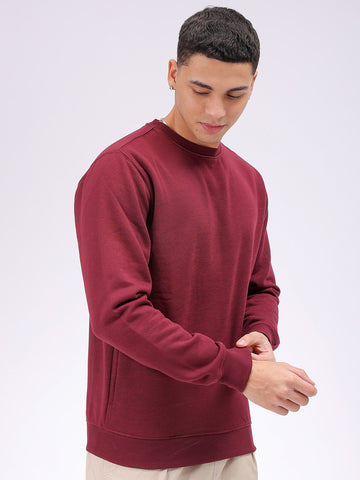 Men's Red Regular Fit Solid Overhead Crewneck Sweatshirt