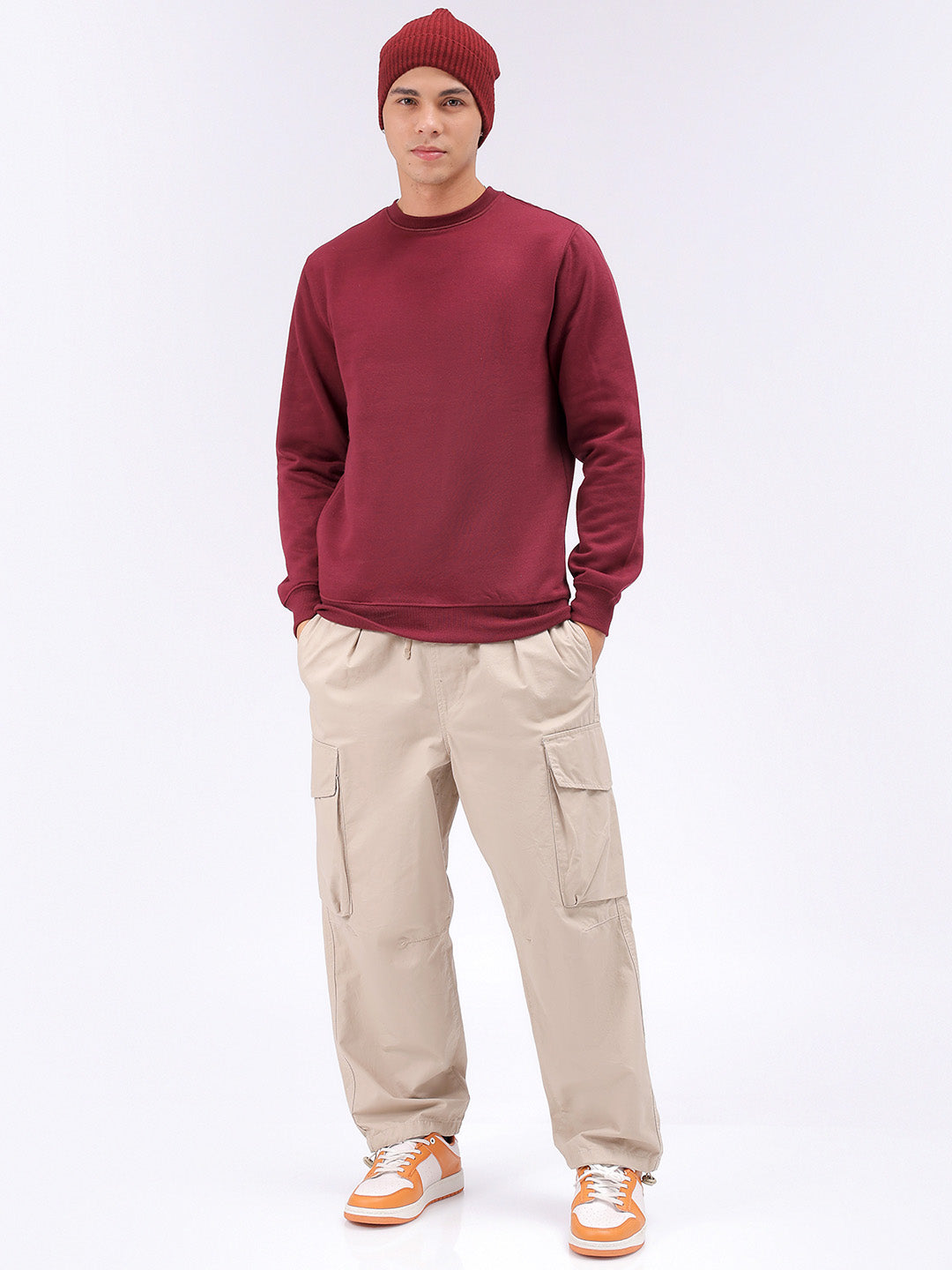 Men's Cranberry Regular Fit Solid Casual Sweat Shirt