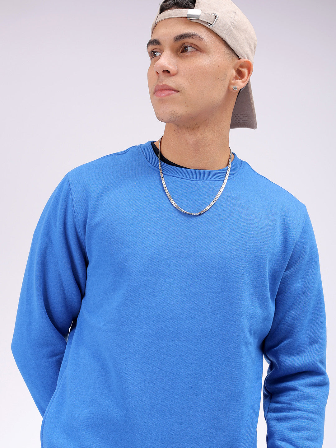 Men's Blue Regular Fit Solid Overhead Crewneck Sweatshirt