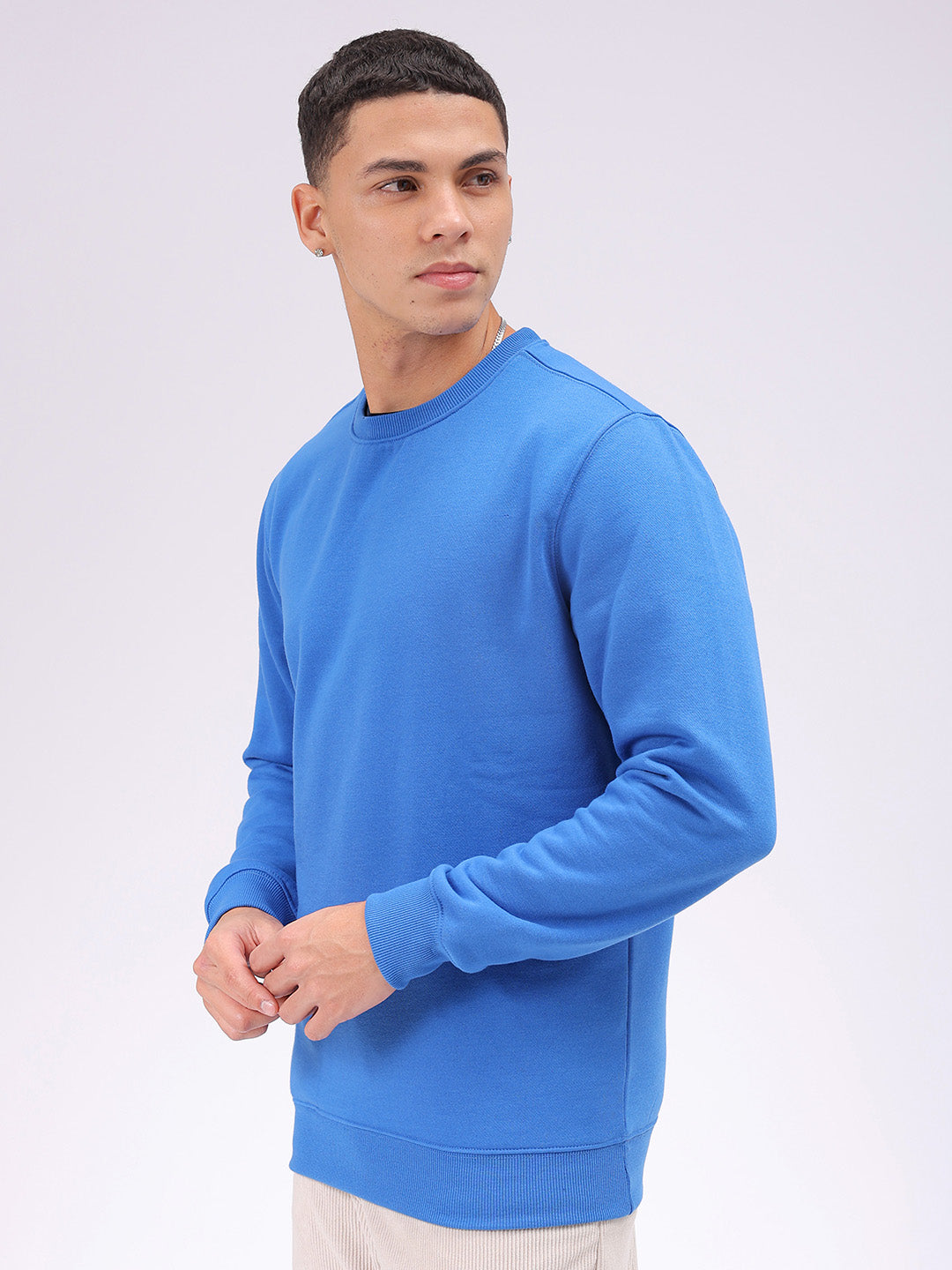 Men's Blue Regular Fit Solid Overhead Crewneck Sweatshirt