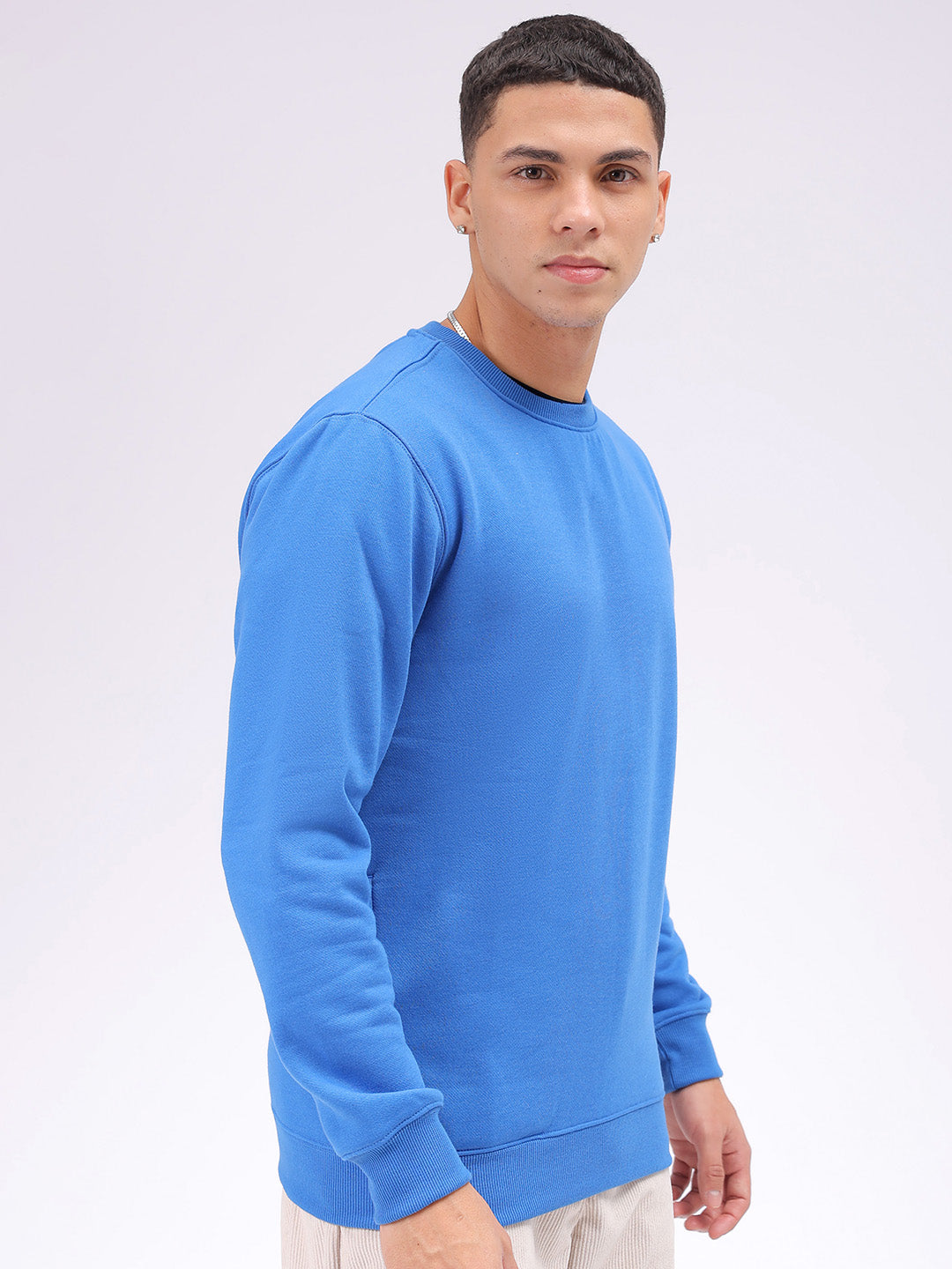 Men's Blue Regular Fit Solid Overhead Crewneck Sweatshirt