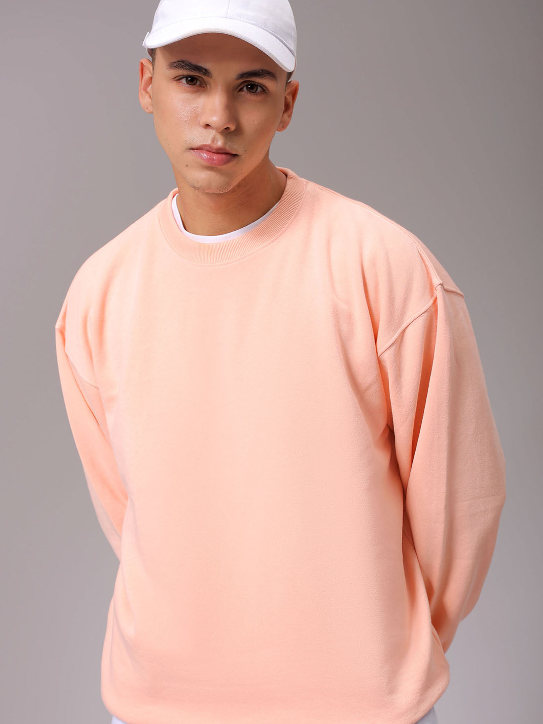 Men's Peach Oversized Solid Overhead Crewneck Sweatshirt