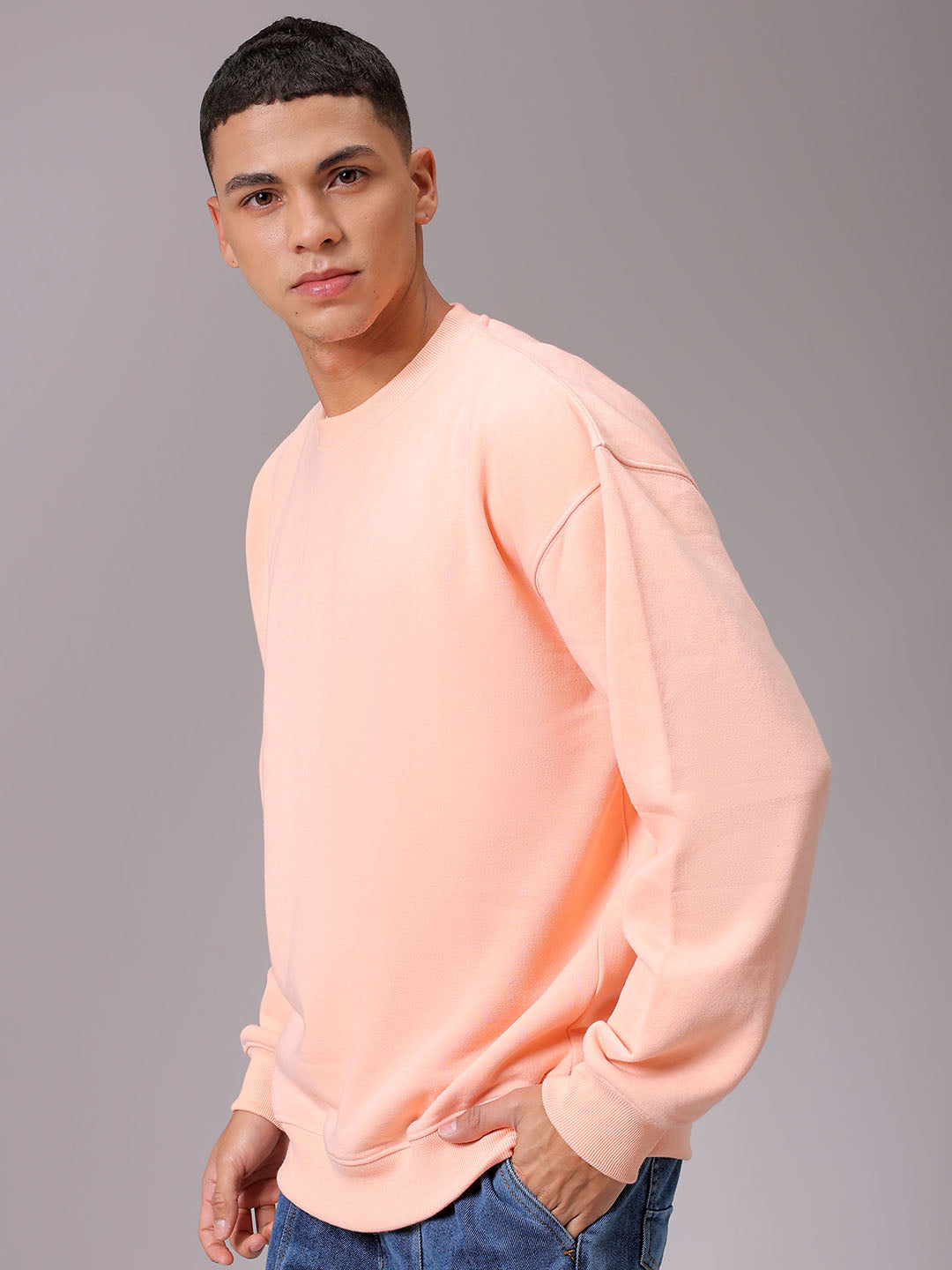 Men's Peach Oversized Solid Overhead Crewneck Sweatshirt