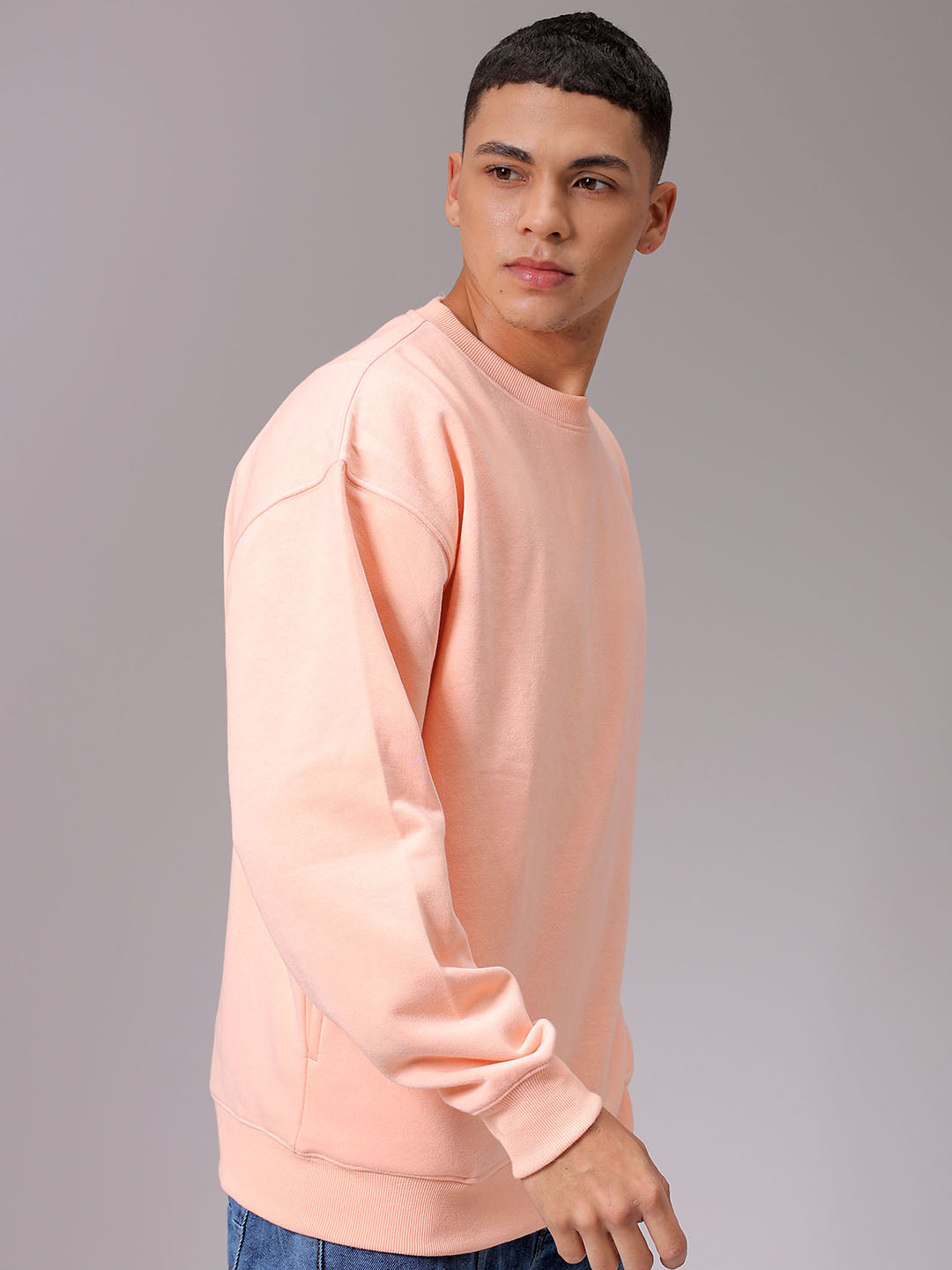 Men's Peach Oversized Solid Overhead Crewneck Sweatshirt