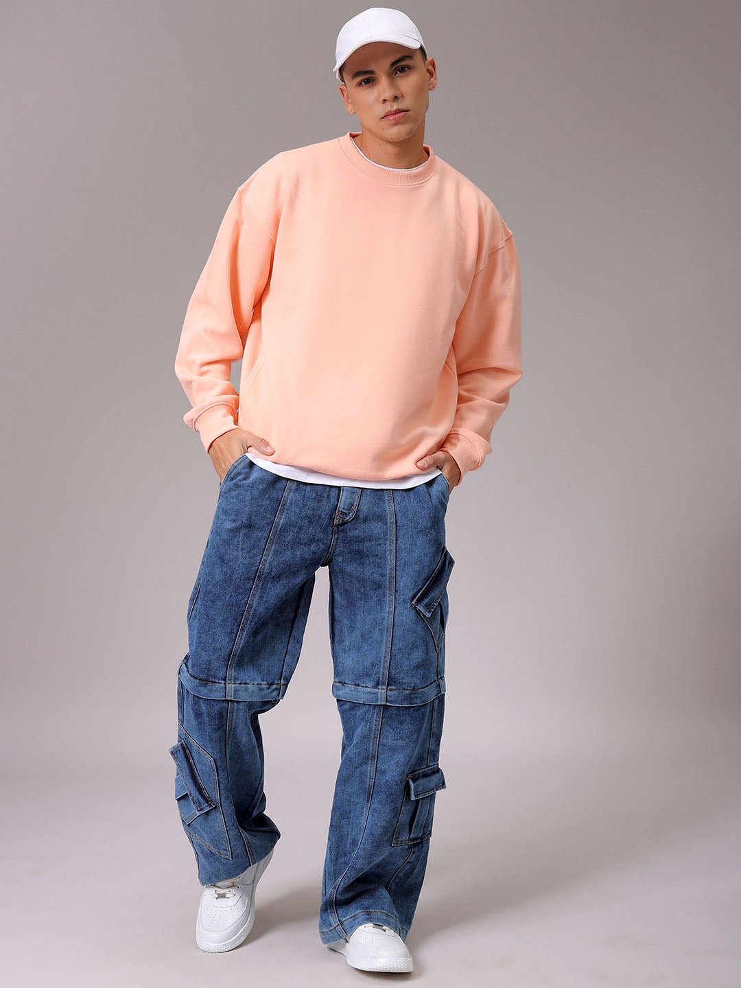 Men's Peach Oversized Solid Overhead Crewneck Sweatshirt