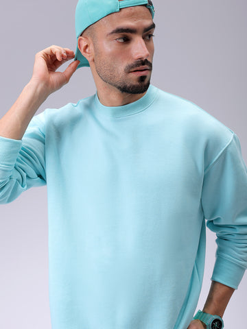 Men's Aqua Oversized Solid Overhead-Crewneck Sweatshirt