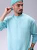 Men's Aqua Oversized Solid Overhead-Crewneck Sweatshirt