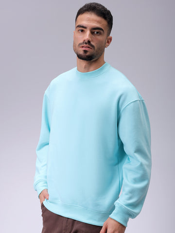 Men's Aqua Oversized Solid Overhead-Crewneck Sweatshirt