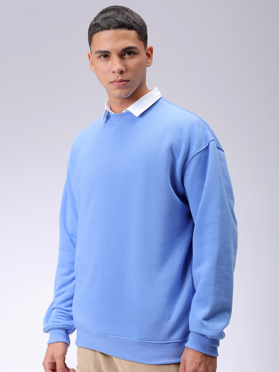 Men's Blue Oversized Solid Overhead-Crewneck Sweatshirt