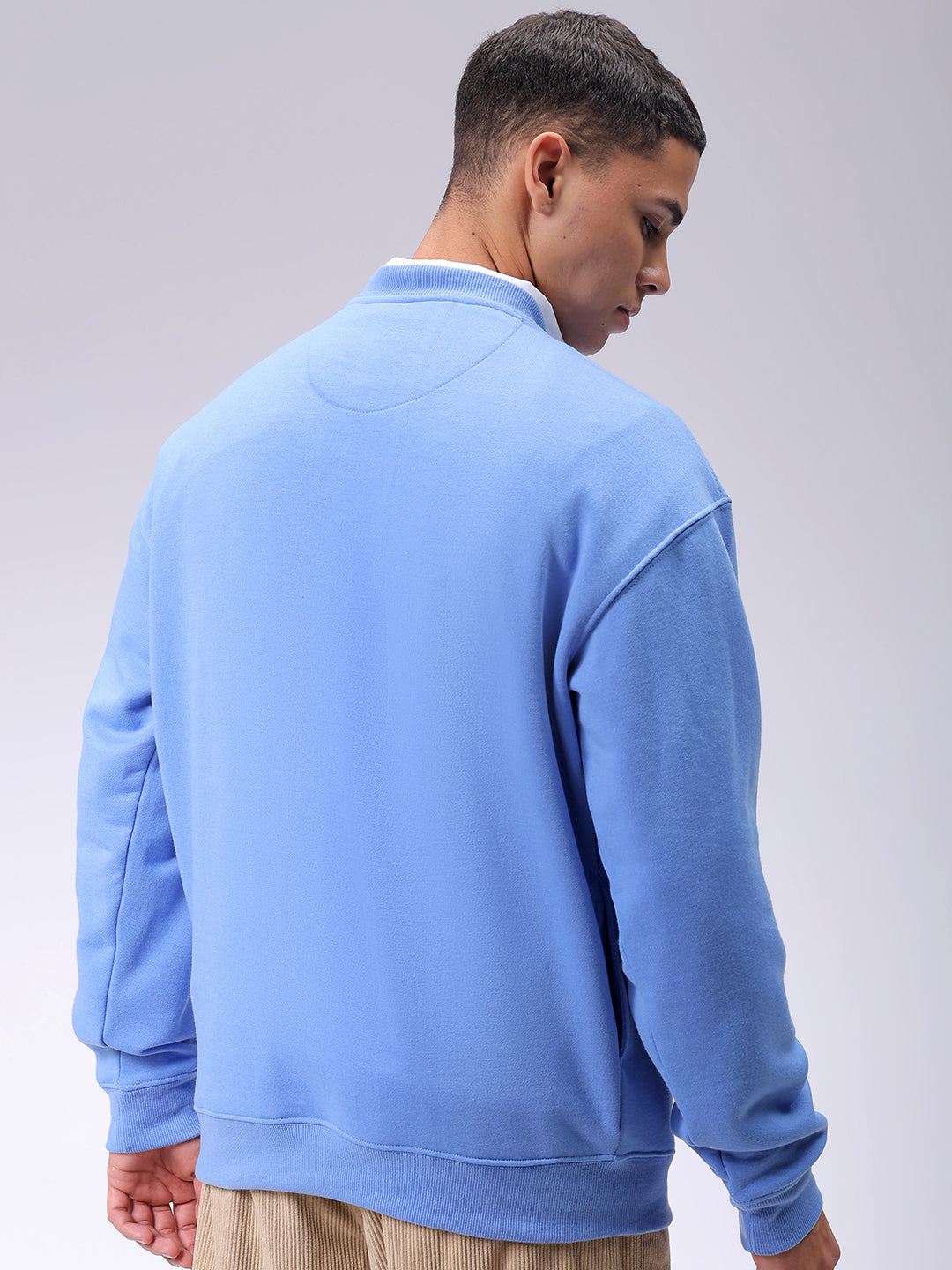 Men's Blue Oversized Solid Overhead-Crewneck Sweatshirt