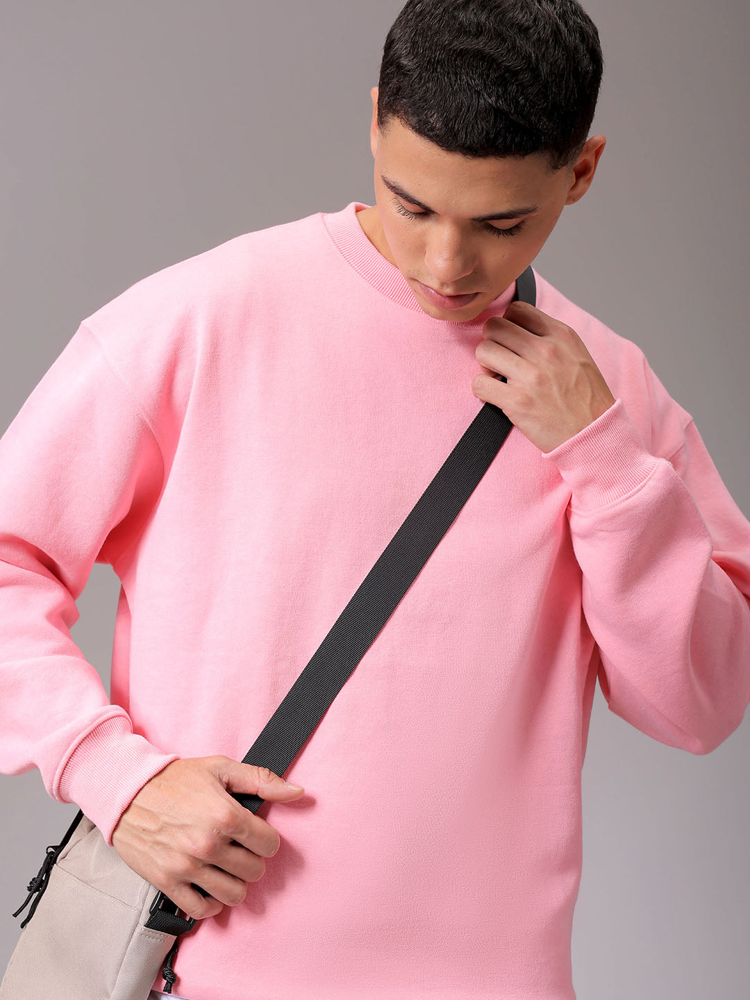 Men's Pink Oversized Solid Overhead Crewneck Sweatshirt