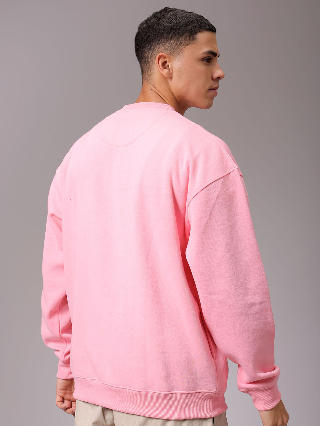 Men's Pink Oversized Solid Overhead Crewneck Sweatshirt