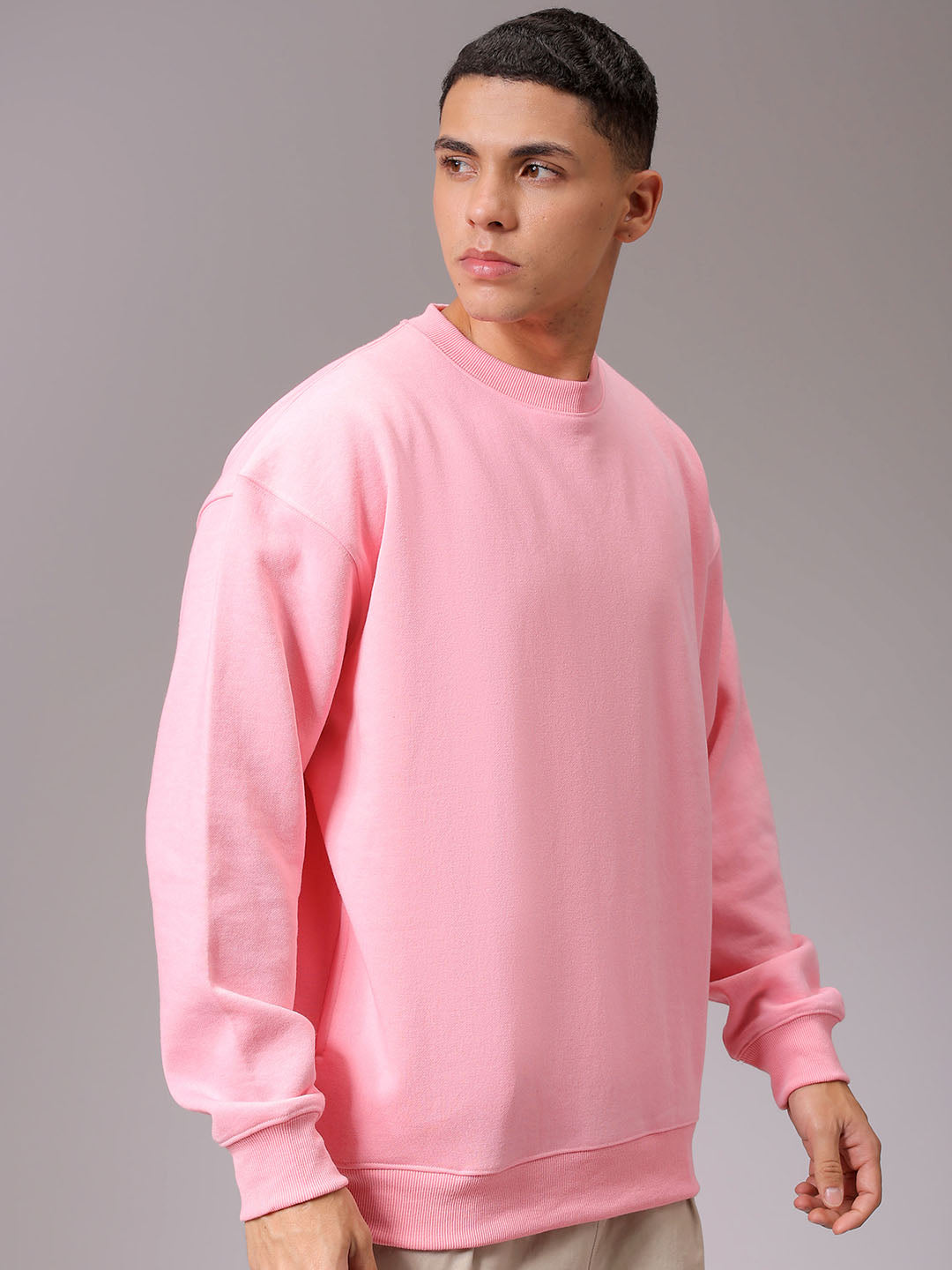 Men's Pink Oversized Solid Overhead Crewneck Sweatshirt