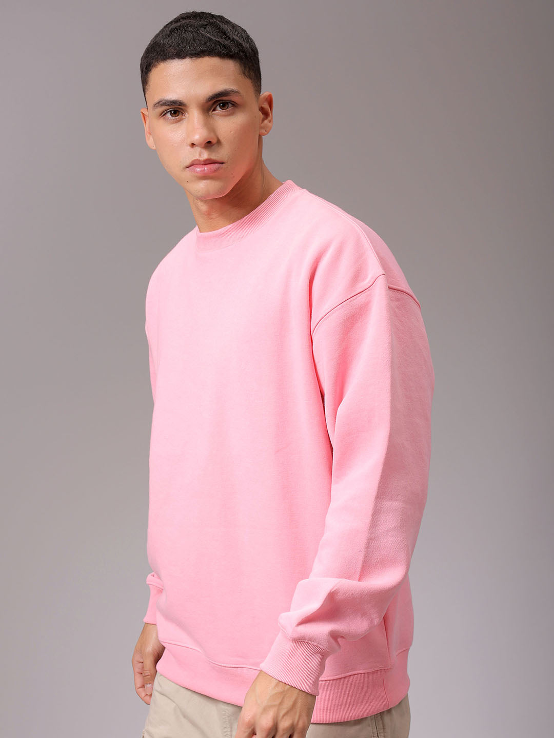 Men's Pink Oversized Solid Overhead Crewneck Sweatshirt