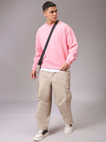Men's Pink Oversized Solid Overhead Crewneck Sweatshirt