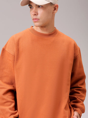 Men's Beige Oversized Solid Overhead Crewneck Sweatshirt