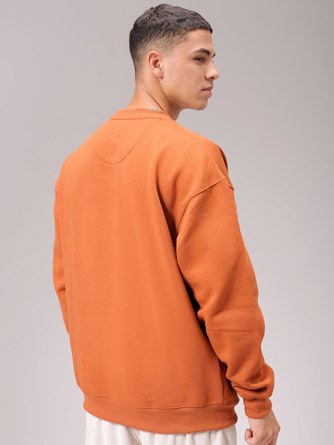 Men's Beige Oversized Solid Overhead Crewneck Sweatshirt