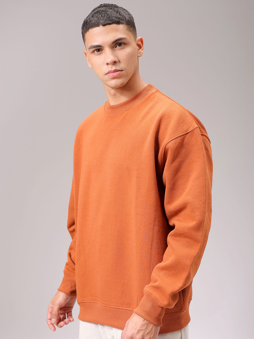 Men's Beige Oversized Solid Overhead Crewneck Sweatshirt