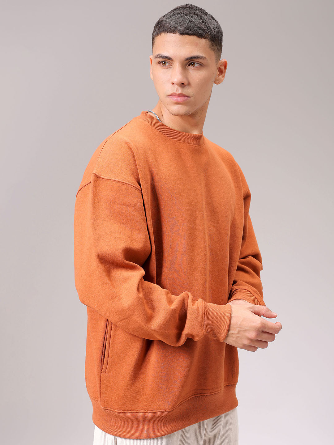 Men's Beige Oversized Solid Overhead Crewneck Sweatshirt