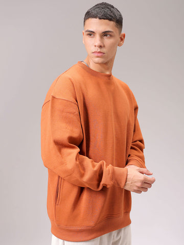 Men's Beige Oversized Solid Overhead Crewneck Sweatshirt