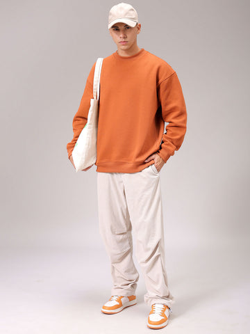Men's Beige Oversized Solid Overhead Crewneck Sweatshirt