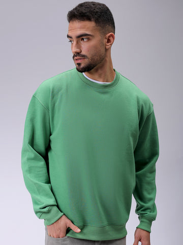 Men's Green Oversized Solid Overhead-Crewneck Sweatshirt