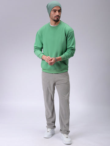 Men's Green Oversized Solid Overhead-Crewneck Sweatshirt