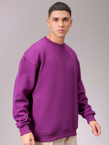 Men's Purple Oversized Solid Overhead Crewneck Sweatshirt