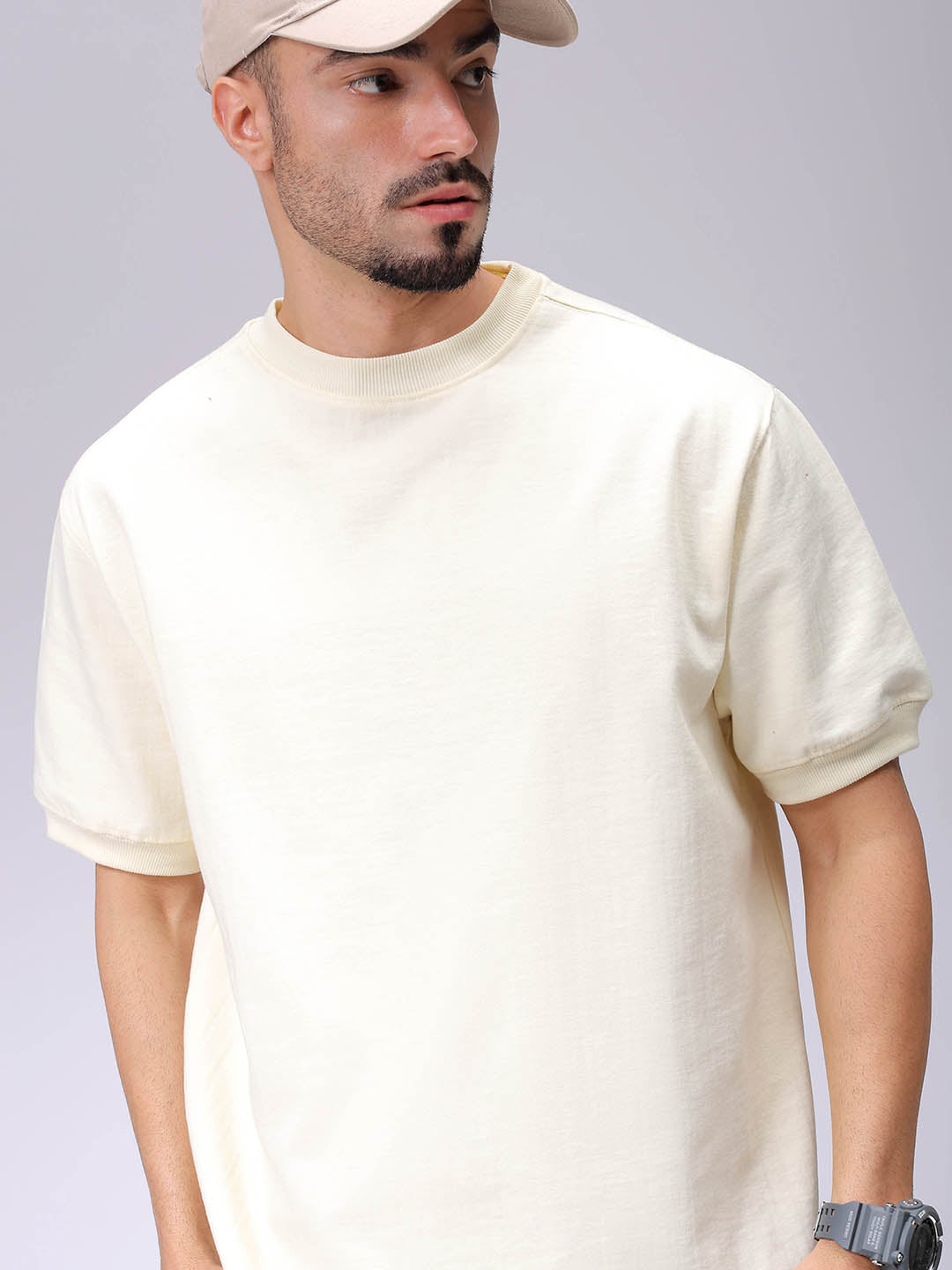 Men's Chalk Relax Fit Solid Overhead-Crewneck Sweatshirt