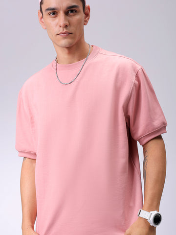 Men's Pink Relaxed Fit Solid Overhead-Crewneck Sweatshirt