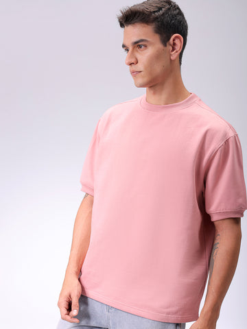 Men's Pink Relaxed Fit Solid Overhead-Crewneck Sweatshirt