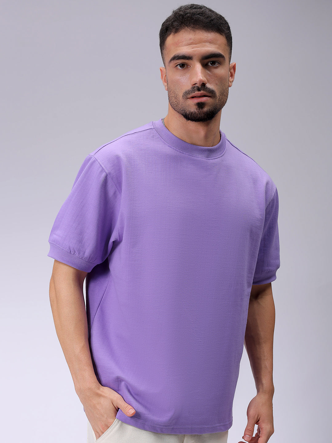 Men's Purple Relaxed Fit Solid Overhead-Crewneck Sweatshirt