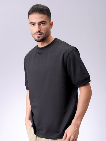 Men's Black Relaxed Fit Solid Overhead-Crewneck Sweatshirt