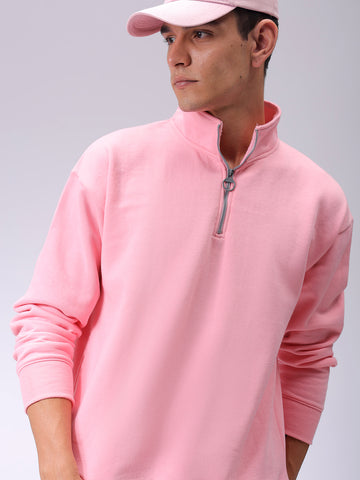 Men's Pink Relaxed Fit Solid Overhead-Highneck Sweatshirt