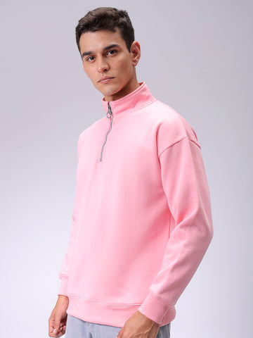 Men's Pink Relaxed Fit Solid Overhead-Highneck Sweatshirt